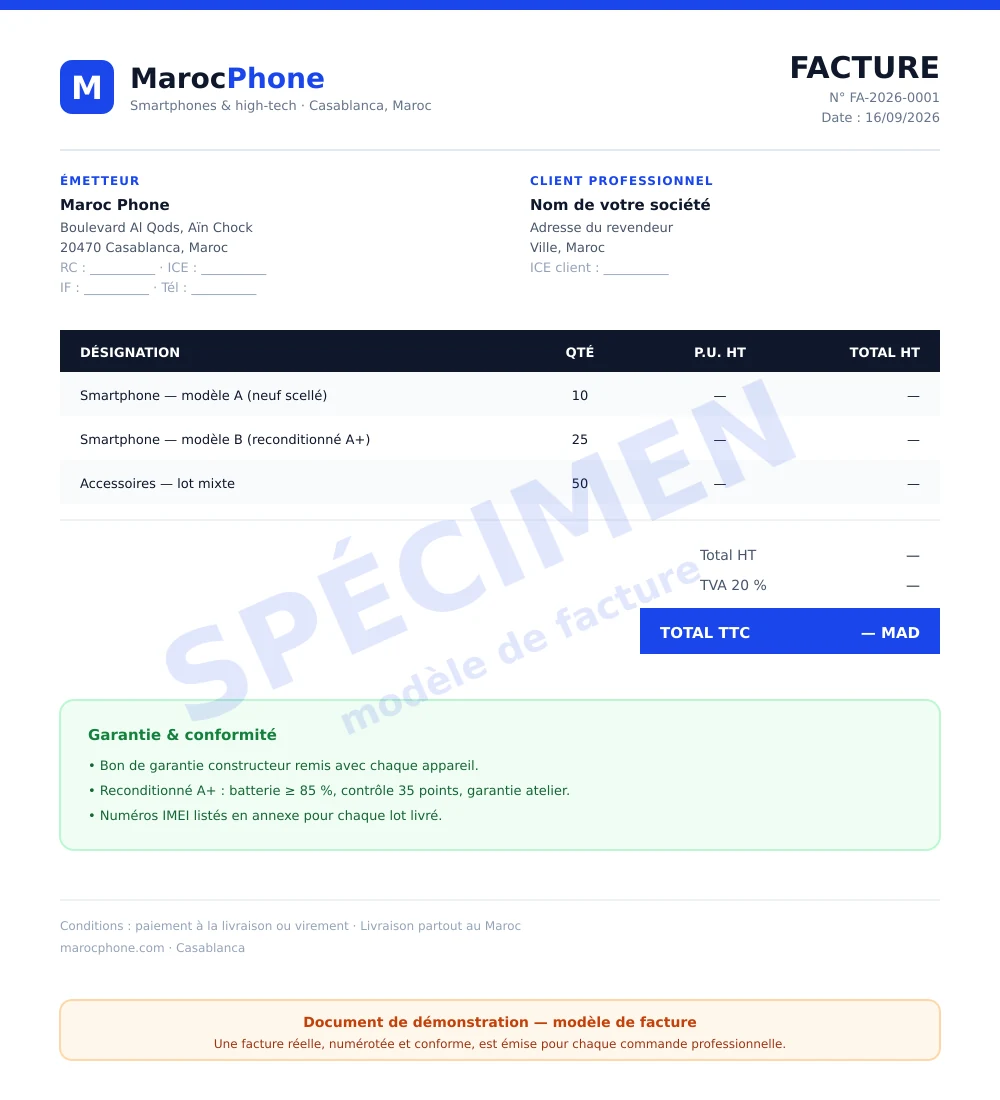 Spécimen de la facture officielle Maroc Phone remise aux clients professionnels, avec TVA détaillée et bloc garantie